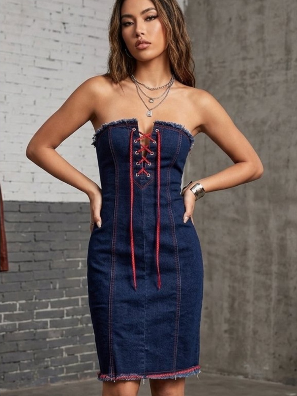 Strapless Dark Blue Denim Lace-Up Sheath Dress
